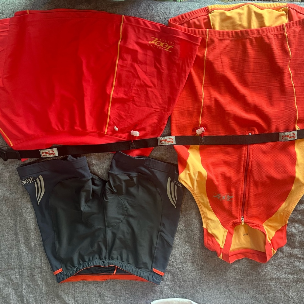 Zoot Red and Orange Tri Suit with Black Bottoms